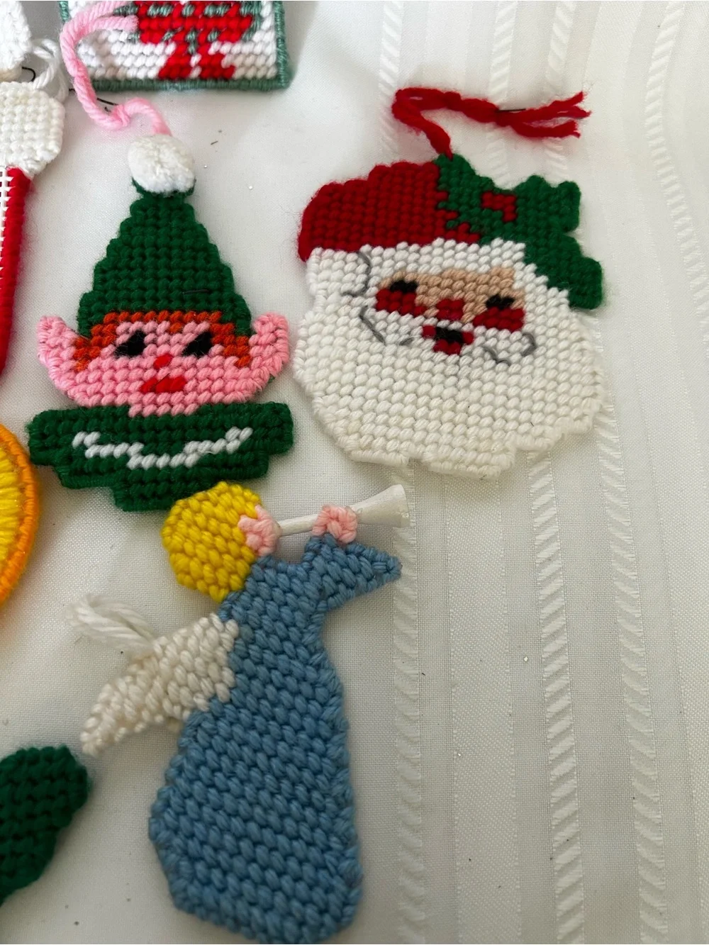 Vintage Plastic Canvas Christmas Ornament Set Santa Elf Angel Spice Box Candle